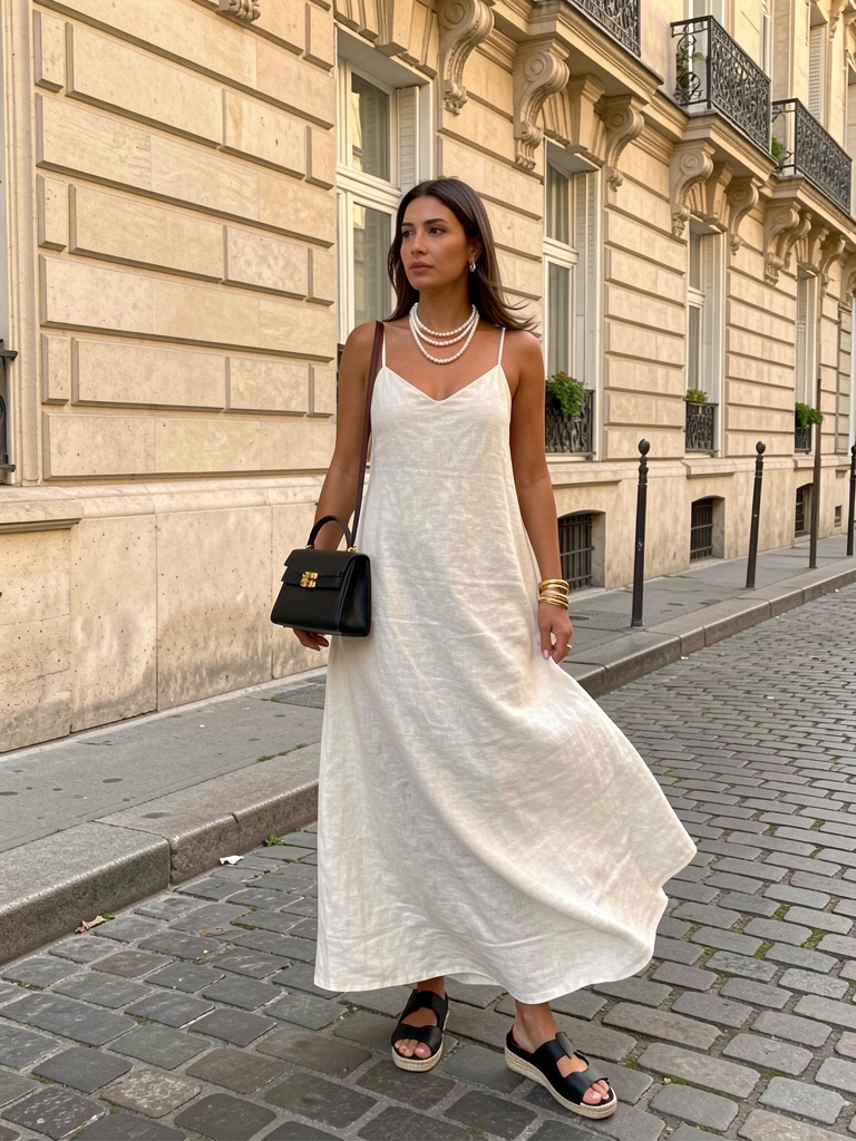 Mulher de vestido off-white fluido com colares de pérolas e bolsa Hermès Kelly preta em rua de paralelepípedos de Paris, luz natural quente.