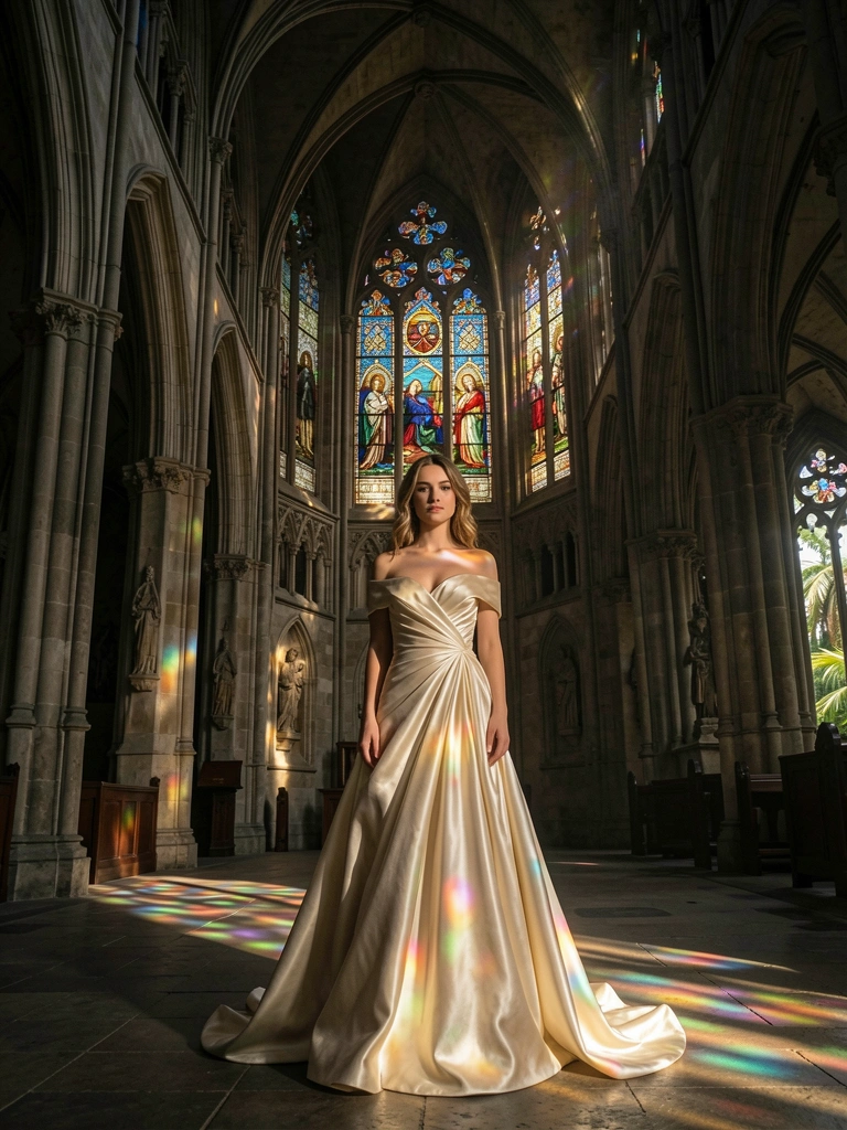 Vestido longo de cetim marfim em mulher em catedral gótica, luz de vitral colorido sobre pedra e arcos altos.