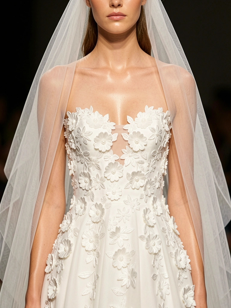Vestido branco com aplicações florais e véu de tule esvoaçante, iluminado por luz natural em fundo escuro.