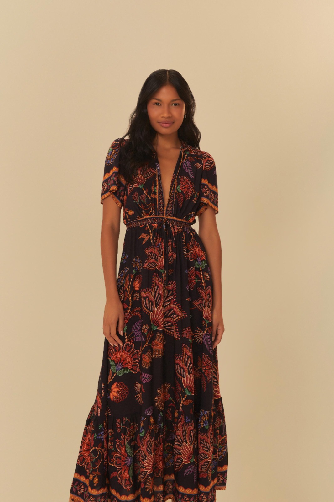 vestido longo estampado com amarração