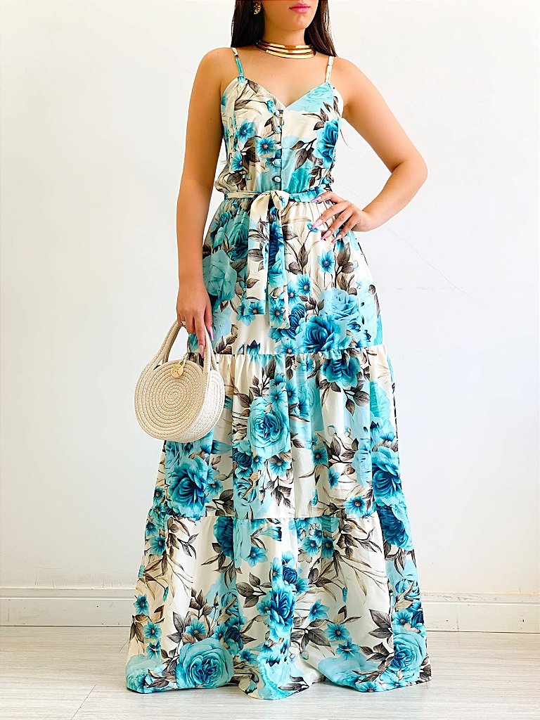 vestido longo estampado com babado