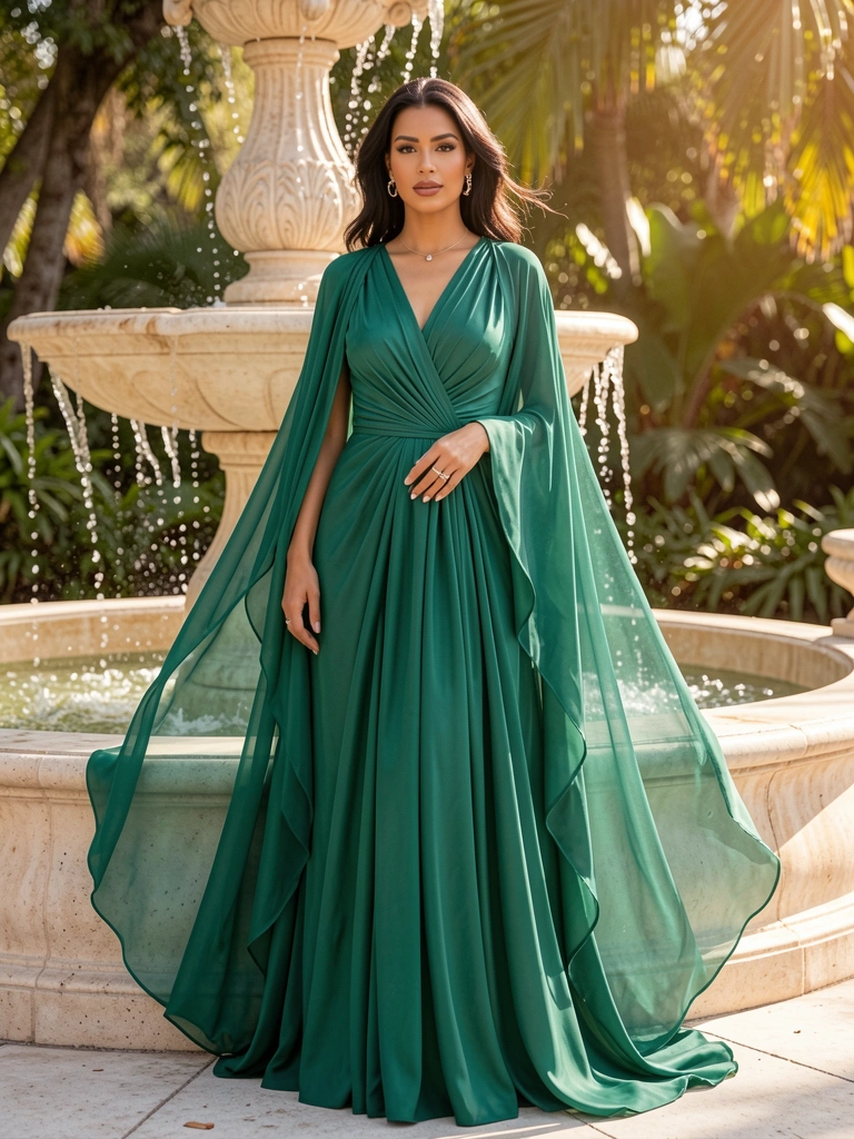 Vestido verde-esmeralda em chiffon plissado com cauda dramática, mulher ao lado de fonte de pedra clara com água em cascata, luz natural filtrada por árvores.