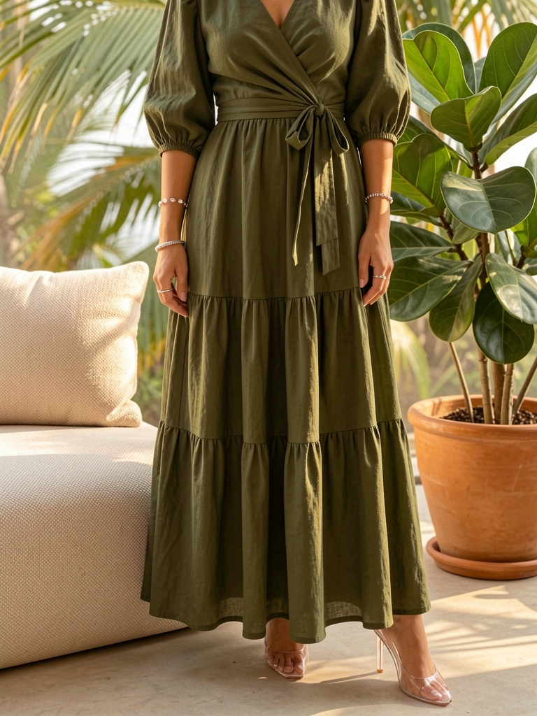 Vestido verde-oliva com mangas bufantes e saia evasê, pulseiras prateadas e sapatos de salto fino, fundo com almofada bege e planta.