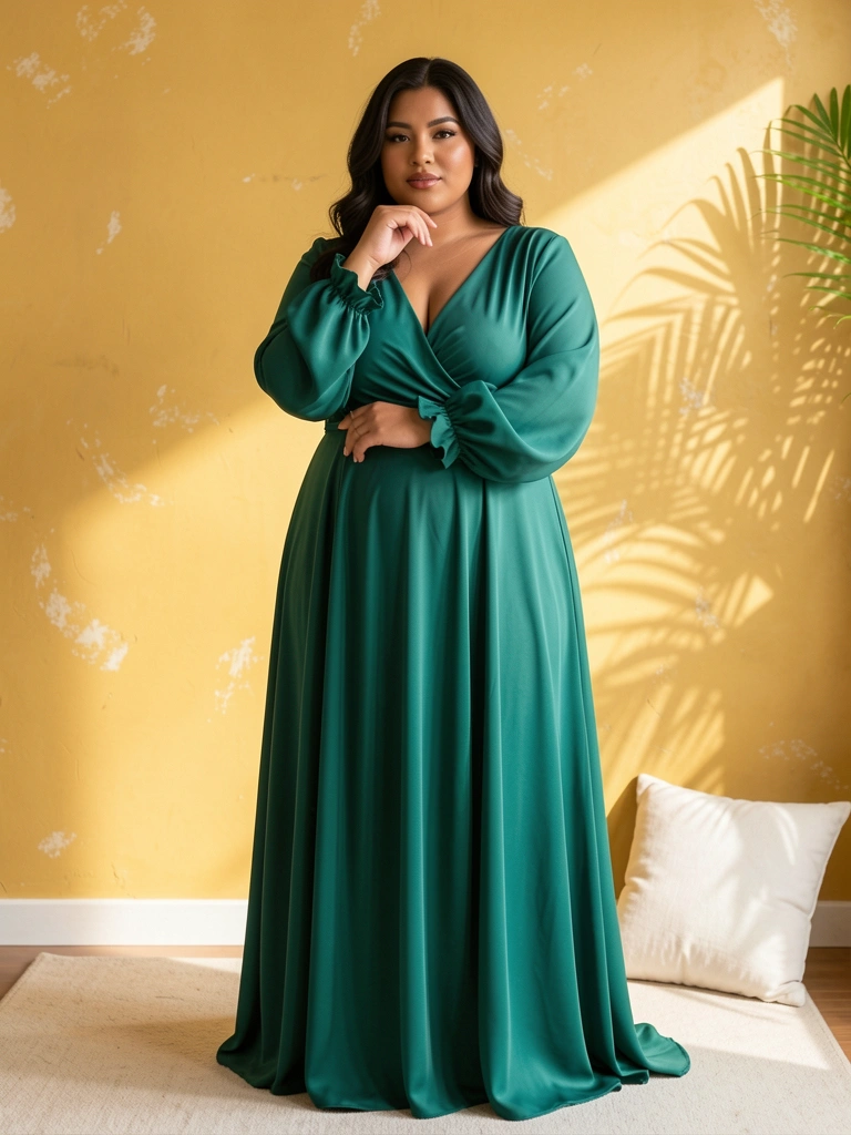 Vestido verde-esmeralda de mangas amplas em mulher plus-size, mão no queixo, parede amarela texturizada, almofada branca em carpete claro, luz natural suave.
