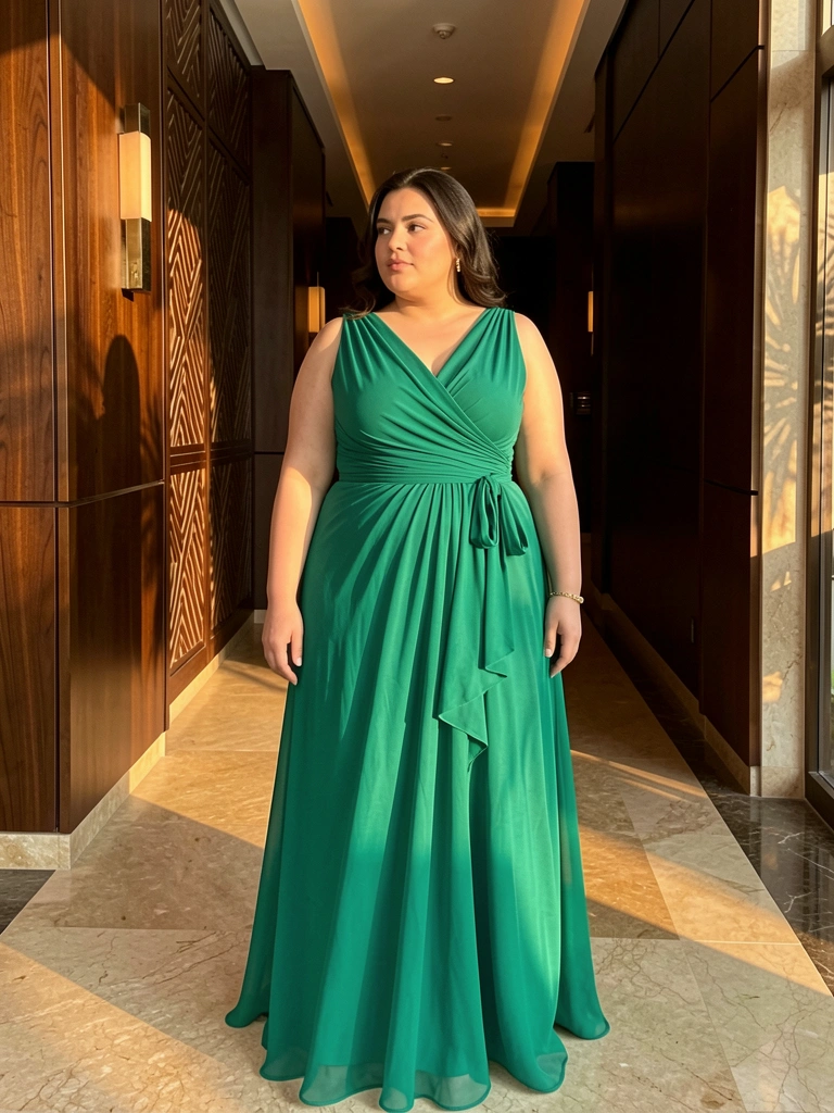 Vestido verde esmeralda fluido em mulher plus size, lobby de hotel com painéis de madeira escura e piso de mármore, luz quente filtrada.