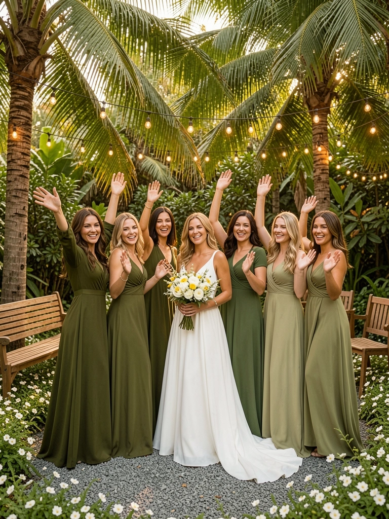 Mulheres em vestidos verde-oliva celebram ao ar livre; noiva de branco com buquê amarelo e branco; luzes de corda entre palmeiras e luz do sol filtrada.