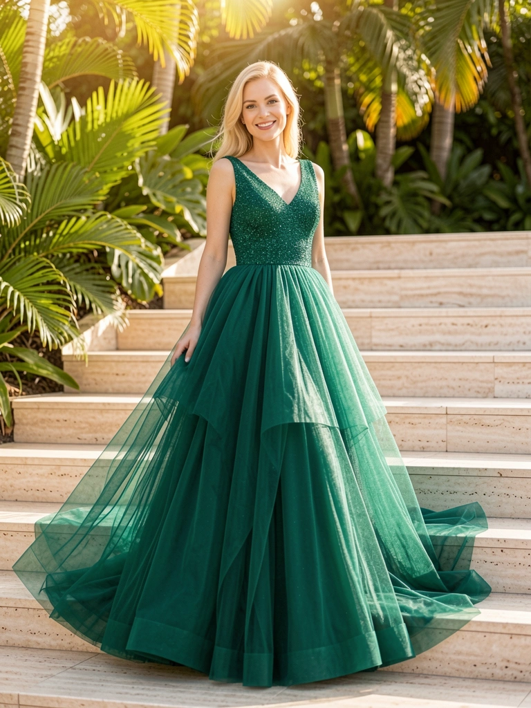 Mulher de vestido verde esmeralda de tule com brilho sobre escadaria de travertino, folhagens ao fundo e luz natural.