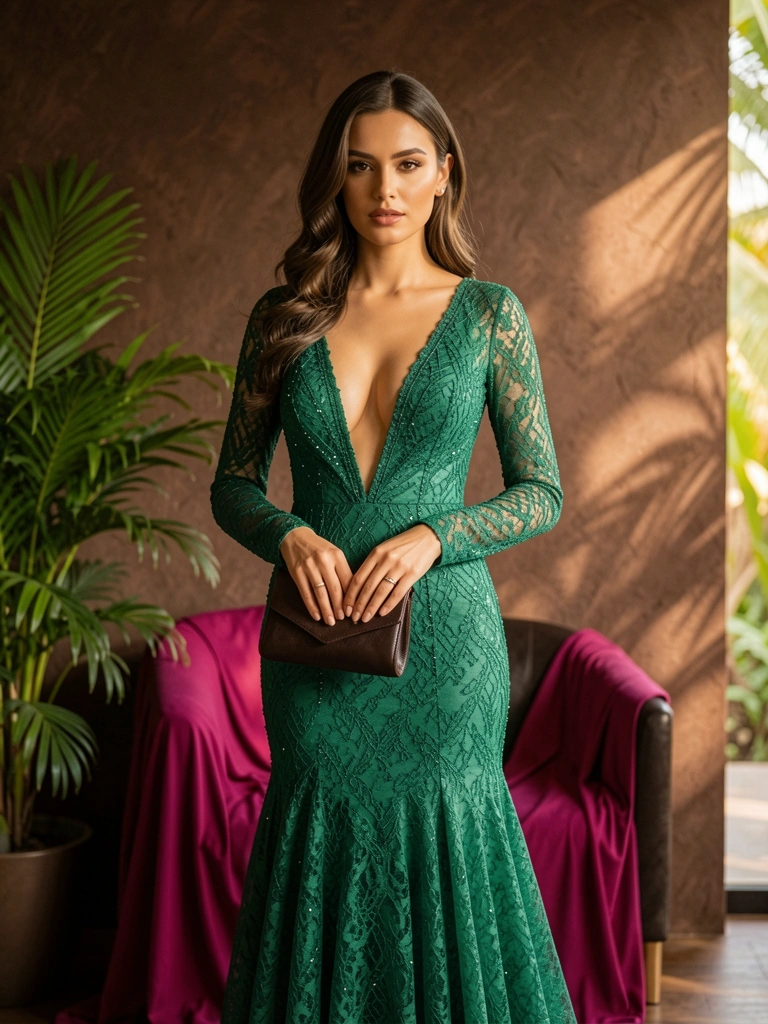 Mulher em vestido verde-esmeralda de renda com decote profundo e mangas longas, segurando bolsa marrom-escura, parede texturizada escura e planta verde à esquerda, luz natural quente.