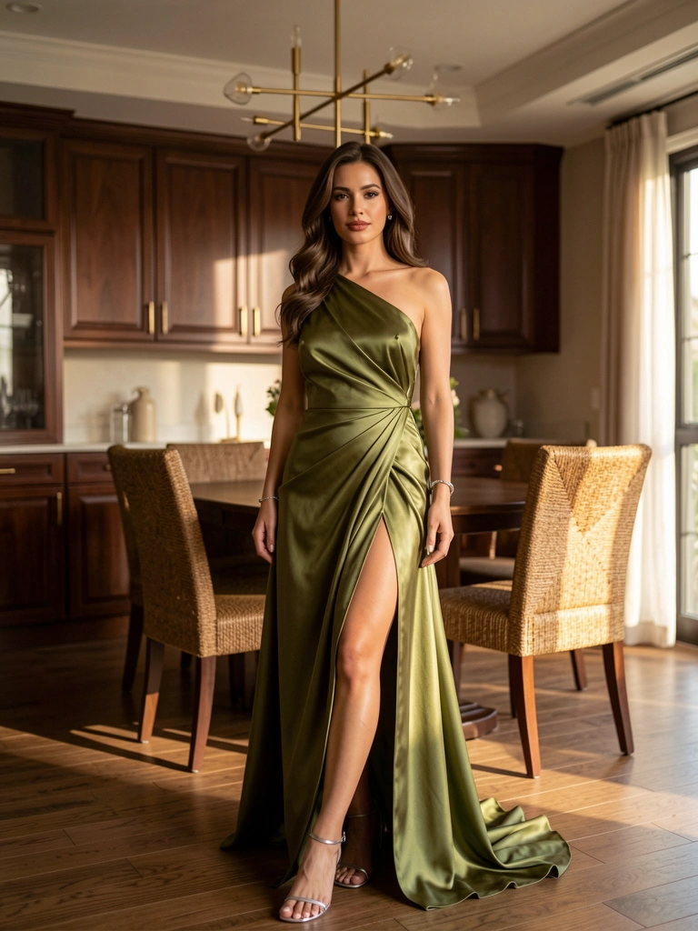 Vestido verde-oliva acetinado com fenda e ombro único, mulher elegante em sala de jantar com armários escuros e luz natural.