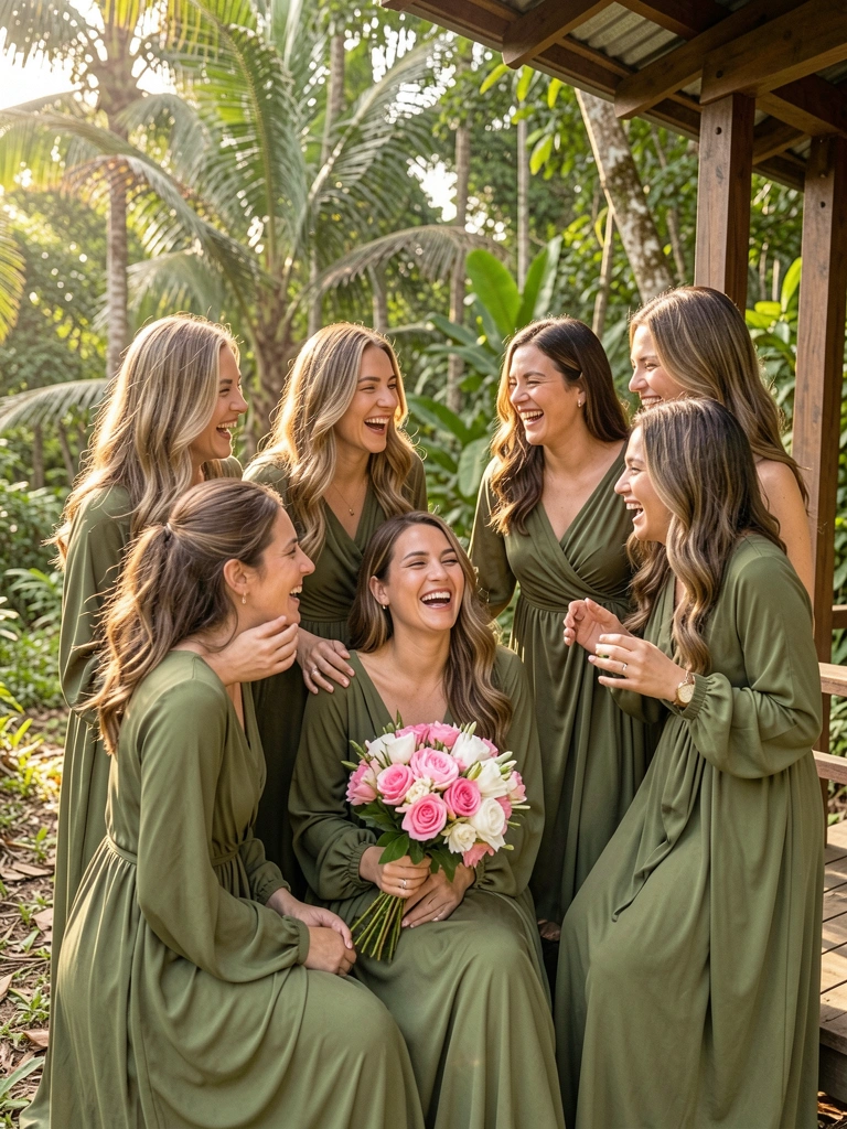 Mulheres de vestido verde oliva drapeado, uma segurando buquê de flores rosas e brancas, ao ar livre com floresta e estrutura de madeira ao fundo, luz natural do dia.