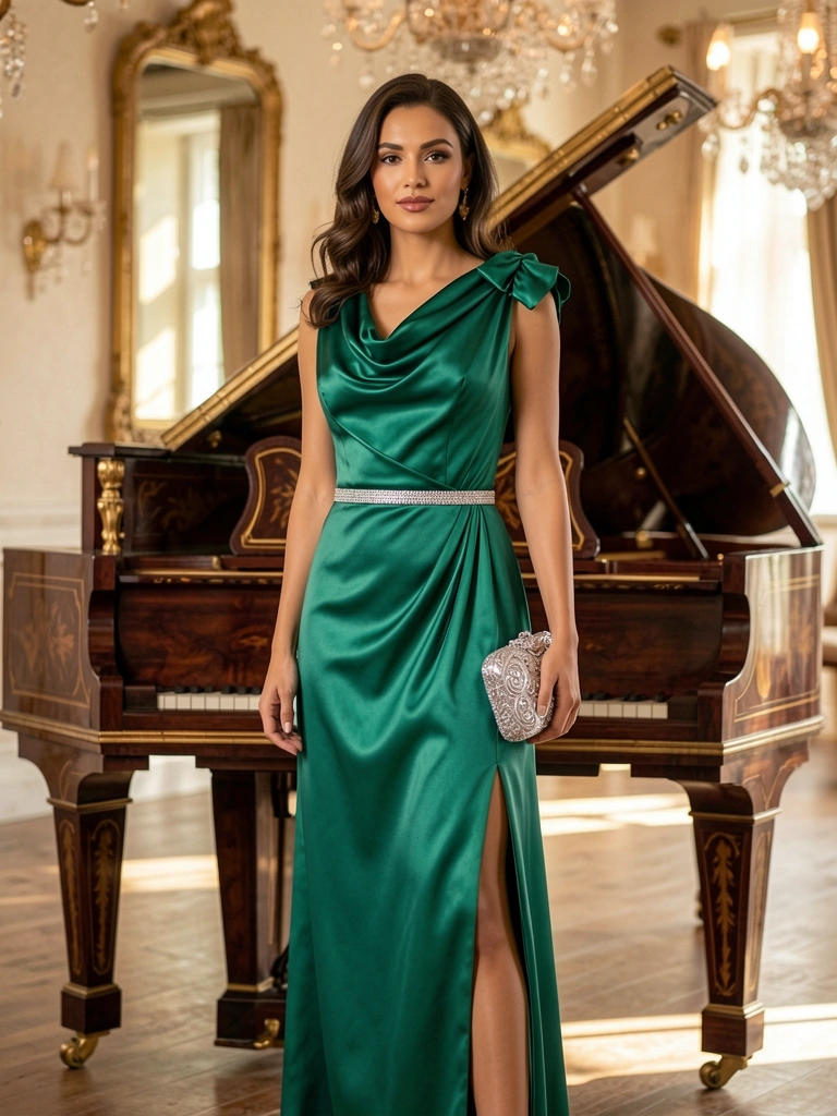 Vestido verde-esmeralda acetinado com decote drapeado e laço no ombro, mulher segura clutch prateada, piano antigo ao fundo com luz natural suave.