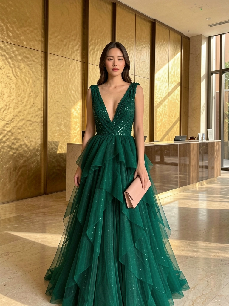 Vestido verde-esmeralda com brilho, mulher segurando clutch rosa, lobby com painéis dourados e luz natural.