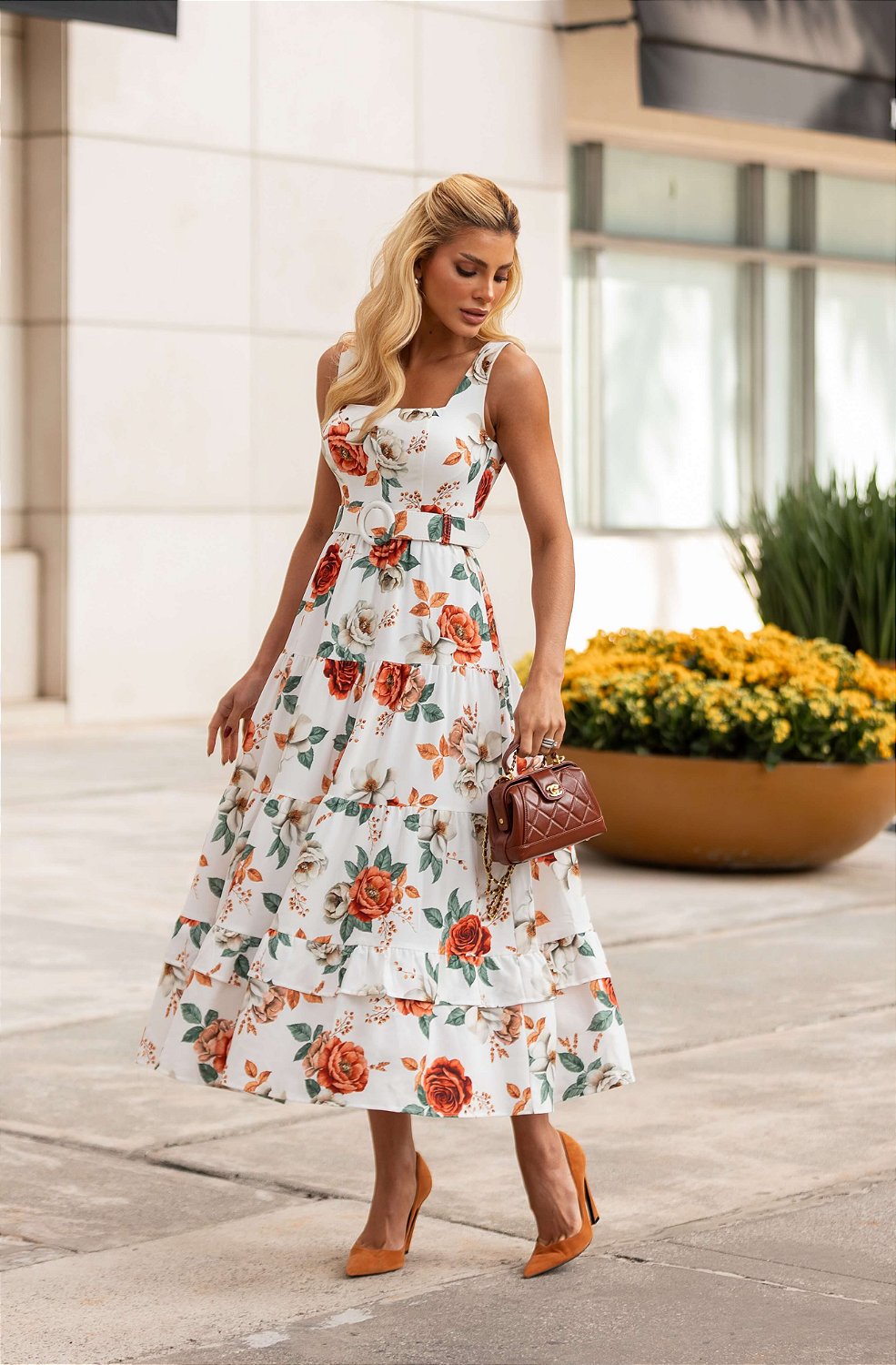 vestido midi floral de viscose