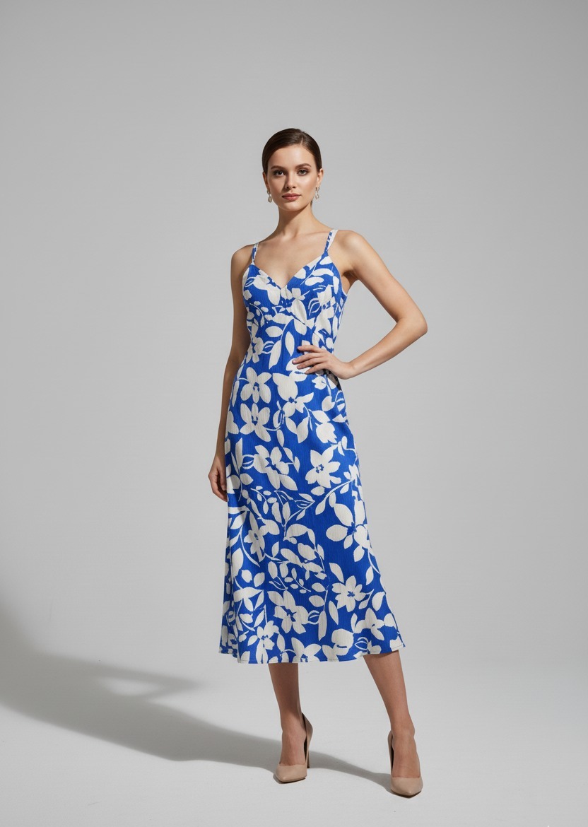 vestido midi floral com fenda