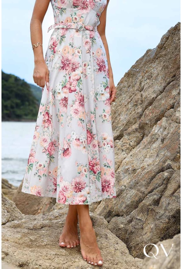 vestido midi floral sustentável