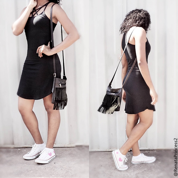combinação vestido preto e tênis branco