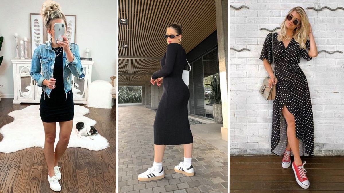 vestido preto midi com tênis branco