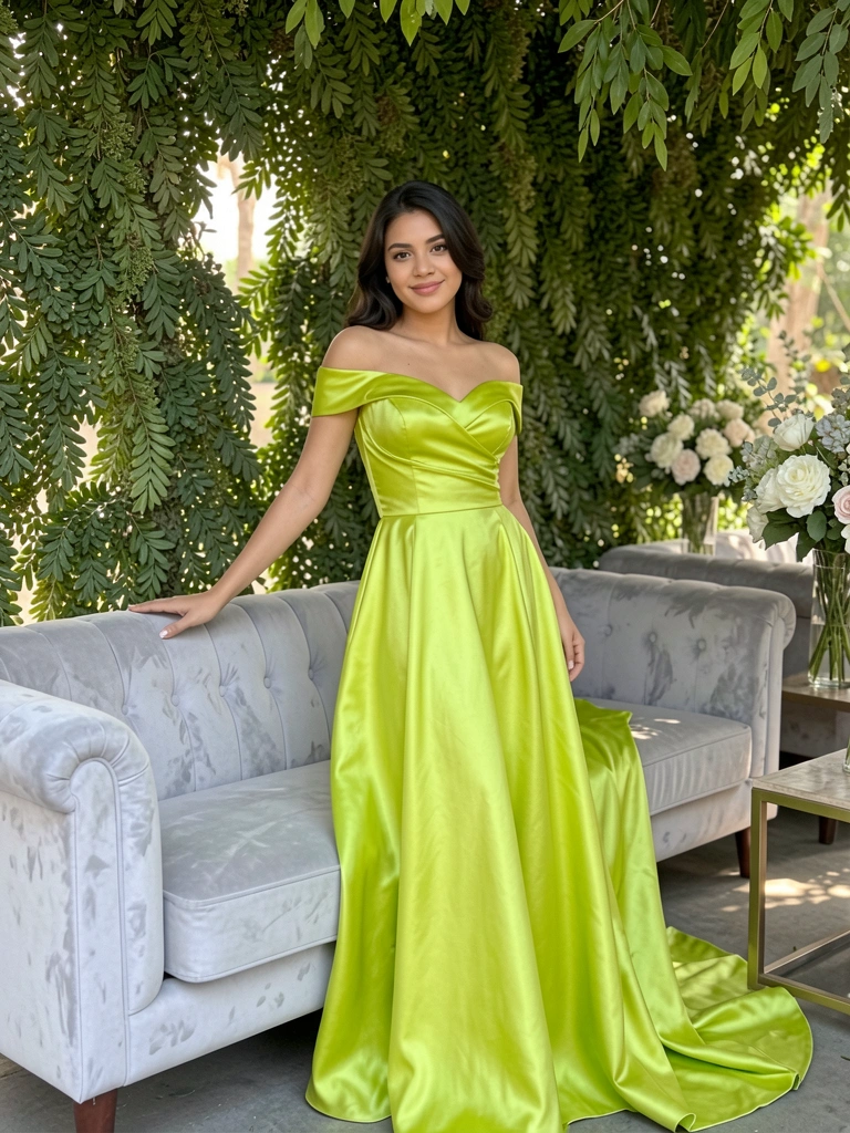Vestido verde-limão acetinado com ombro à mostra, mão apoiada em sofá cinza claro, folhagem ao fundo e luz natural difusa.