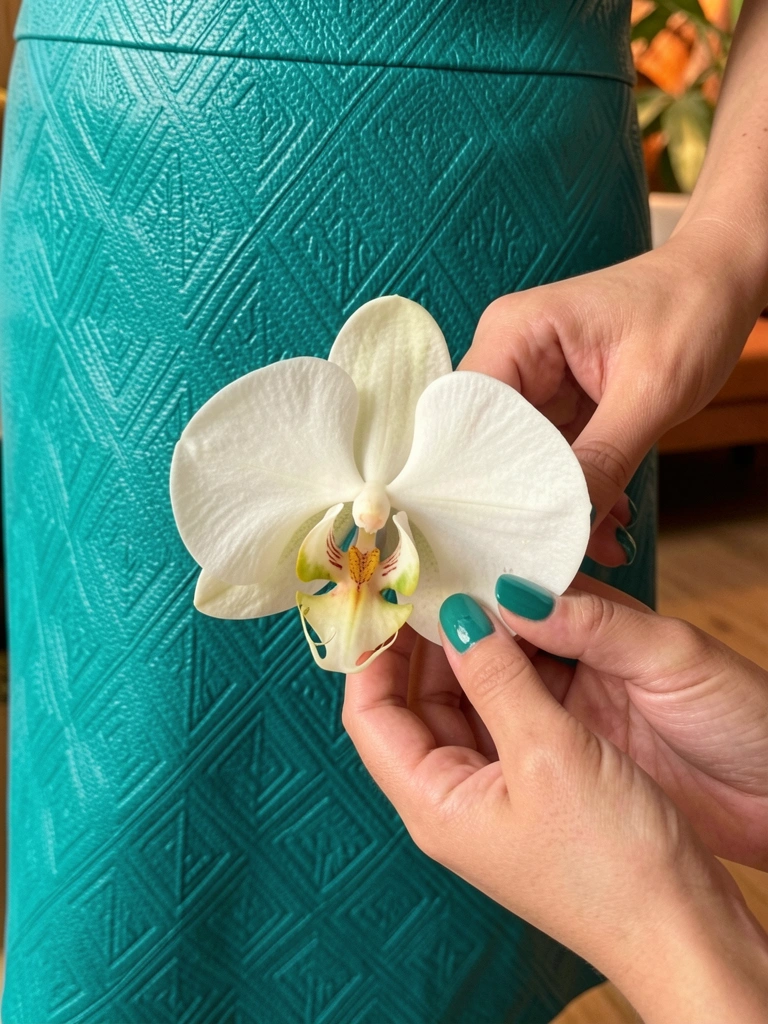 Close-up de saia de couro azul-petróleo texturizada com padrão geométrico, mãos com esmalte combinando seguram orquídea branca, luz tropical suave.