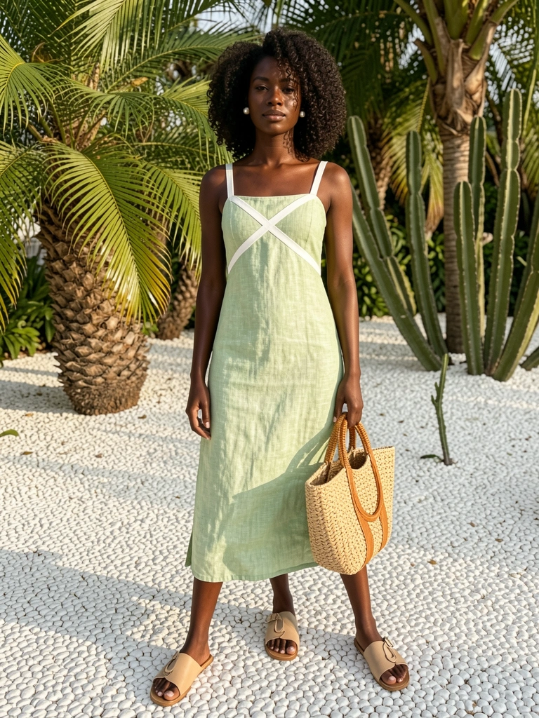 Mulher com vestido verde-claro de linho e bolsa de palha em fundo de pedra branca, palmeiras e cactos ao sol.