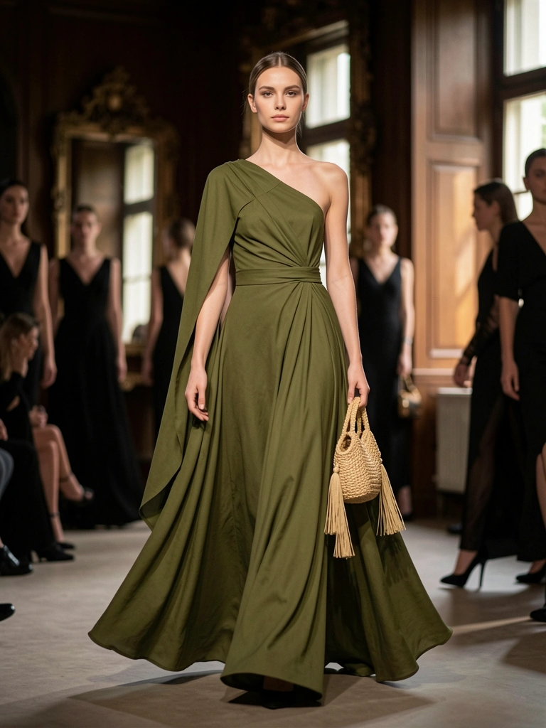 Modelo em vestido verde oliva fluido com bolsa de palha desfilando em passarela com iluminação dramática e fundo desfocado de painéis de madeira.