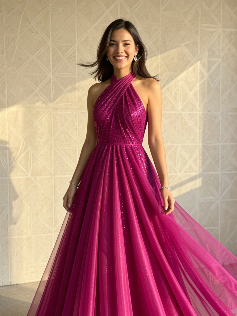 Vestido longo magenta com brilhos e cauda fluida, mulher sorrindo, parede texturizada e luz natural suave.