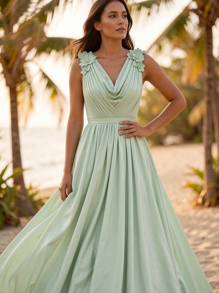 Vestido longo verde-pálido com decote envelope, pregas no corpete e apliques florais no ombro, em pose graciosa com luz suave e fundo tropical.