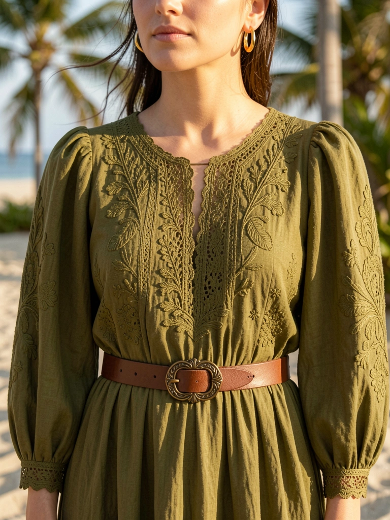 Vestido verde-oliva com bordados e cinto de couro com fivela dourada, luz natural suave e fundo tropical desfocado.