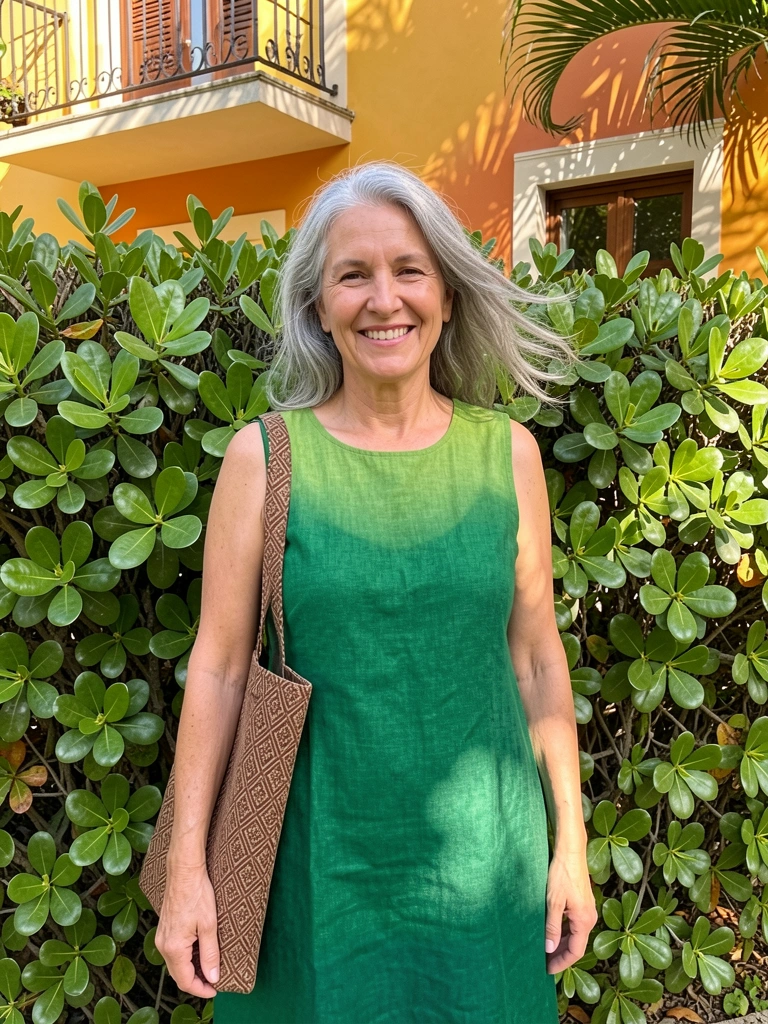 Mulher de cabelos grisalhos com vestido verde-limão e bolsa marrom em frente a cerca viva, luz solar criando sombras manchadas.