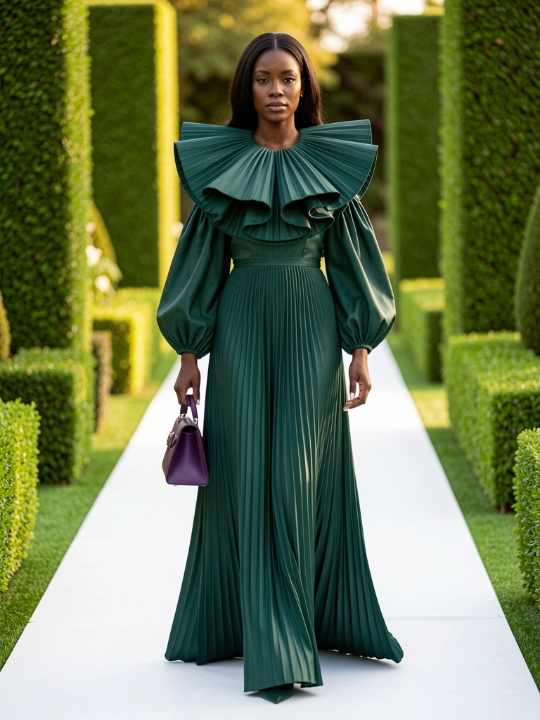Vestido verde escuro plissado com gola bufante volumosa, mulher negra desfilando em passarela de grama sintética, luz natural.