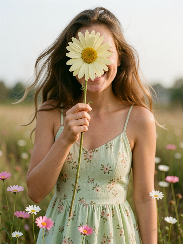 Mulher sorrindo com margarida amarela na frente do rosto, vestido verde floral, pétalas e tecido em foco com luz natural.