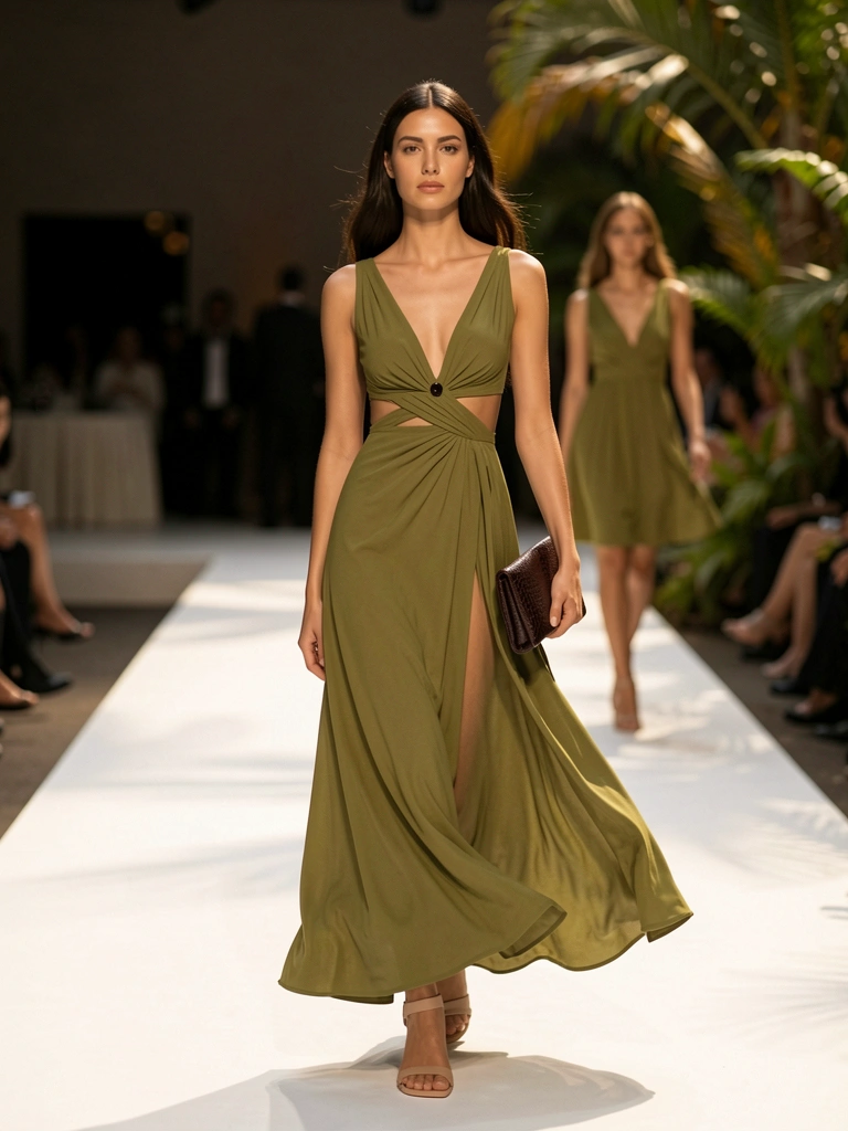 Vestido verde-oliva fluido com decote V profundo e recortes, bolsa marrom texturizada, palco branco e folhagem tropical ao fundo.