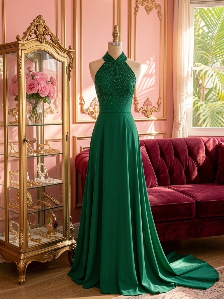 Vestido verde-esmeralda com bordados em contas sobre manequim, vitrine dourada com acessórios e arranjo floral rosa, sofá de veludo e painéis dourados ao fundo, luz natural suave.