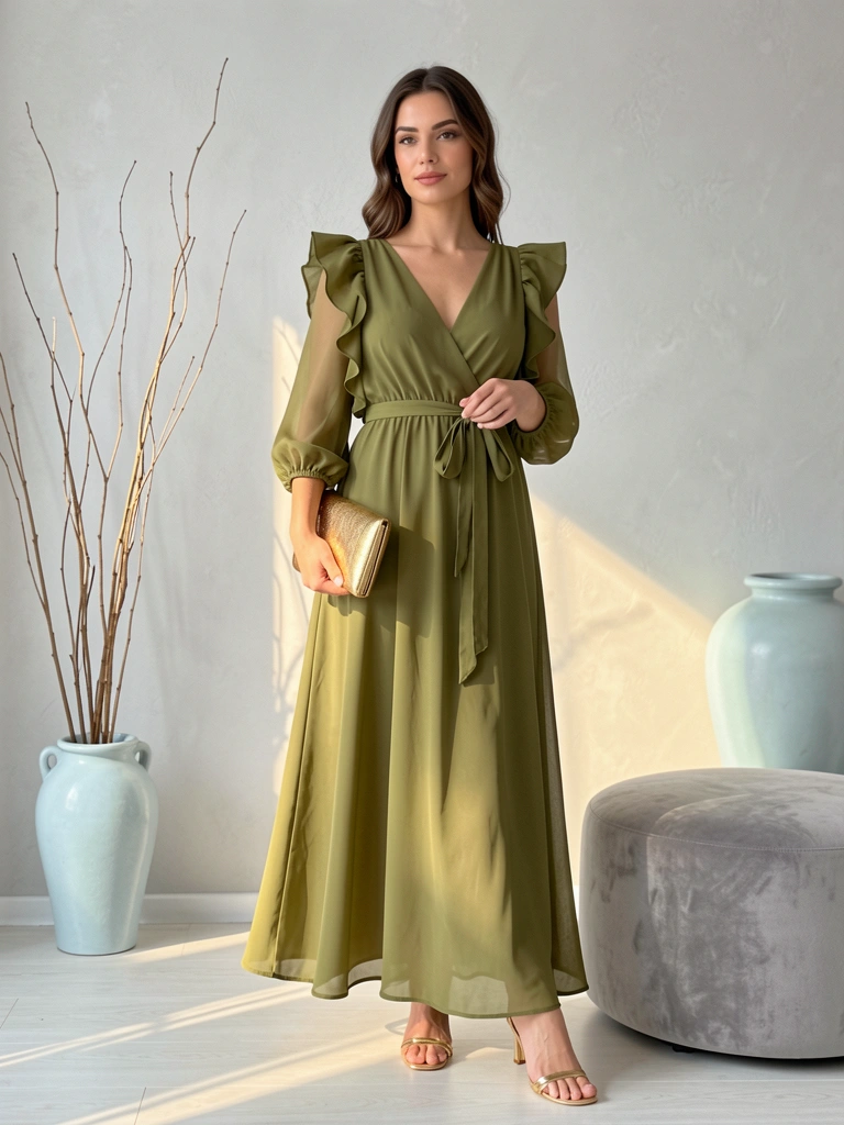 Vestido verde oliva com mangas franzidas e clutch dourada, mulher em quarto claro com vaso azul e galhos secos, luz natural suave.