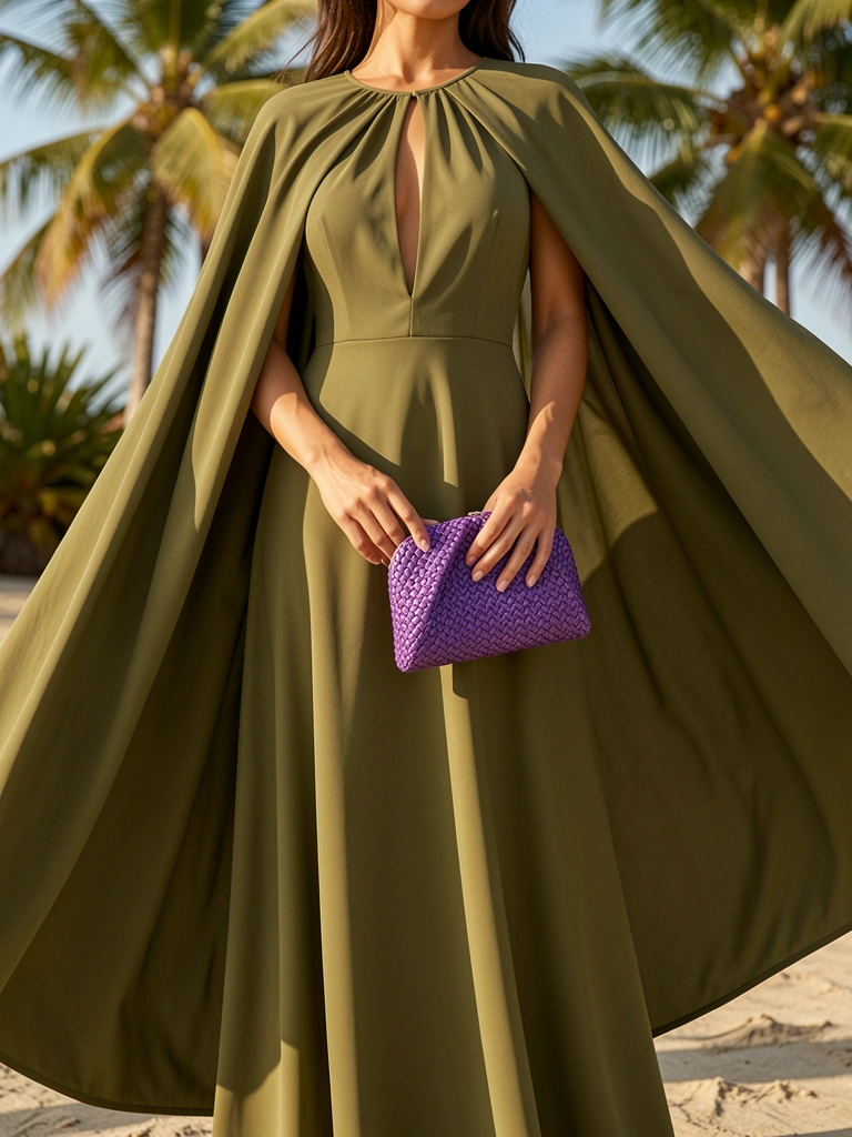 Vestido longo verde-oliva com decote e capa volumosa, mulher segura bolsa de palha roxa, luz natural e fundo tropical.