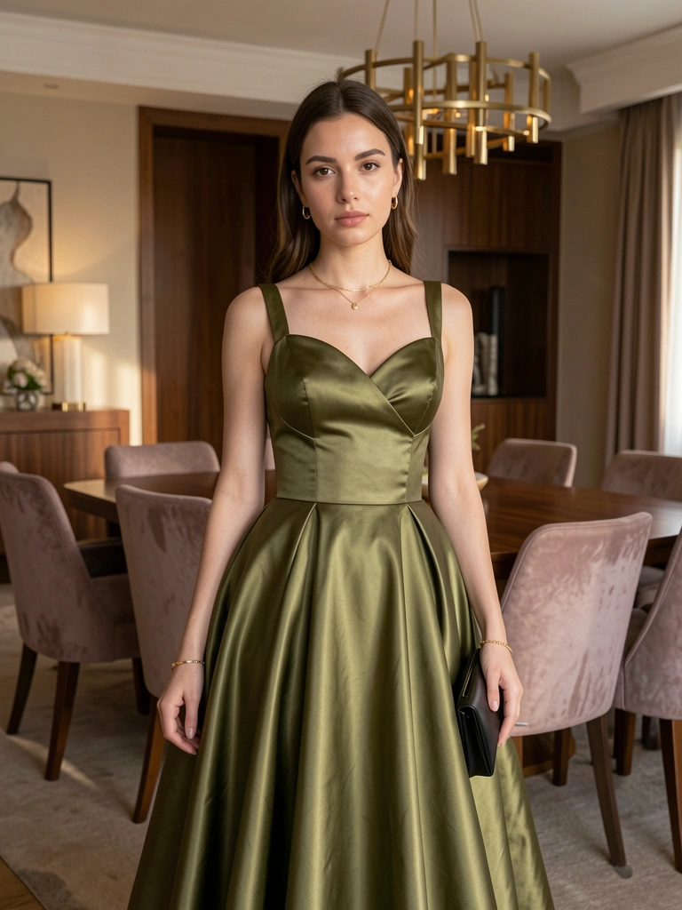 Luz natural incide sobre mulher de vestido verde-oliva acetinado com corpete justo e saia volumosa, segurando clutch preta, em quarto de hotel com mesa de madeira e lustre moderno.
