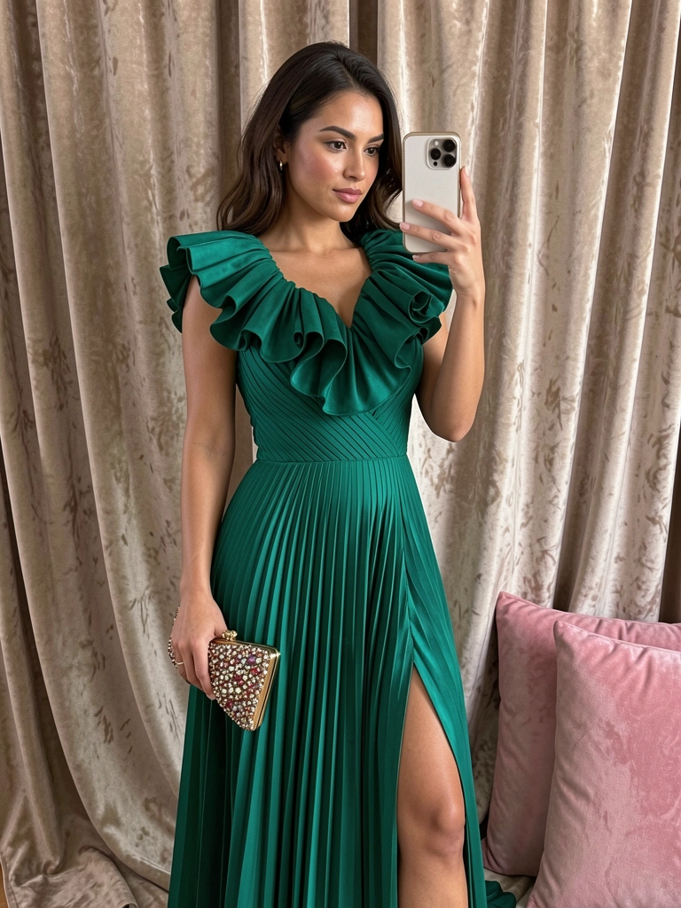 Mulher de vestido verde-esmeralda plissado com decote babado e fenda, segurando clutch cravejada e celular, cortina de veludo bege e almofada rosa ao fundo, iluminação difusa.