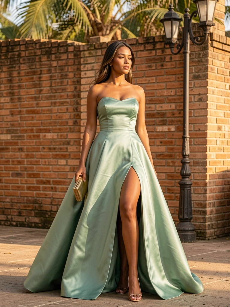 Vestido longo verde-sálvia de cetim com fenda, mulher segurando clutch dourada, parede de tijolos e poste de ferro forjado, luz natural.