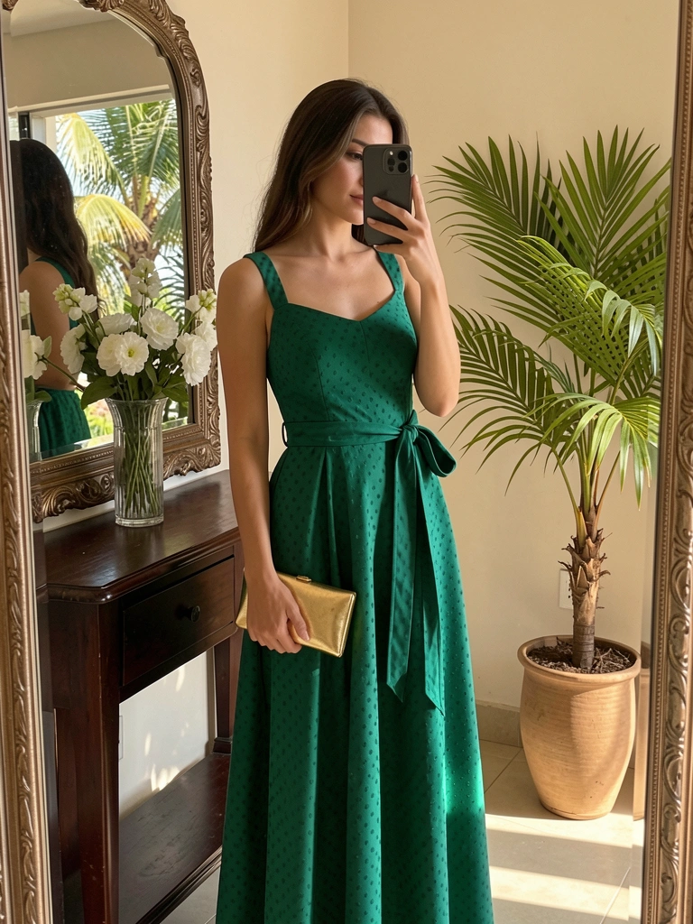 Vestido verde-esmeralda com bolinhas, clutch dourada, mulher tirando selfie em luz natural diante de espelho ornamentado e vaso de flores brancas.