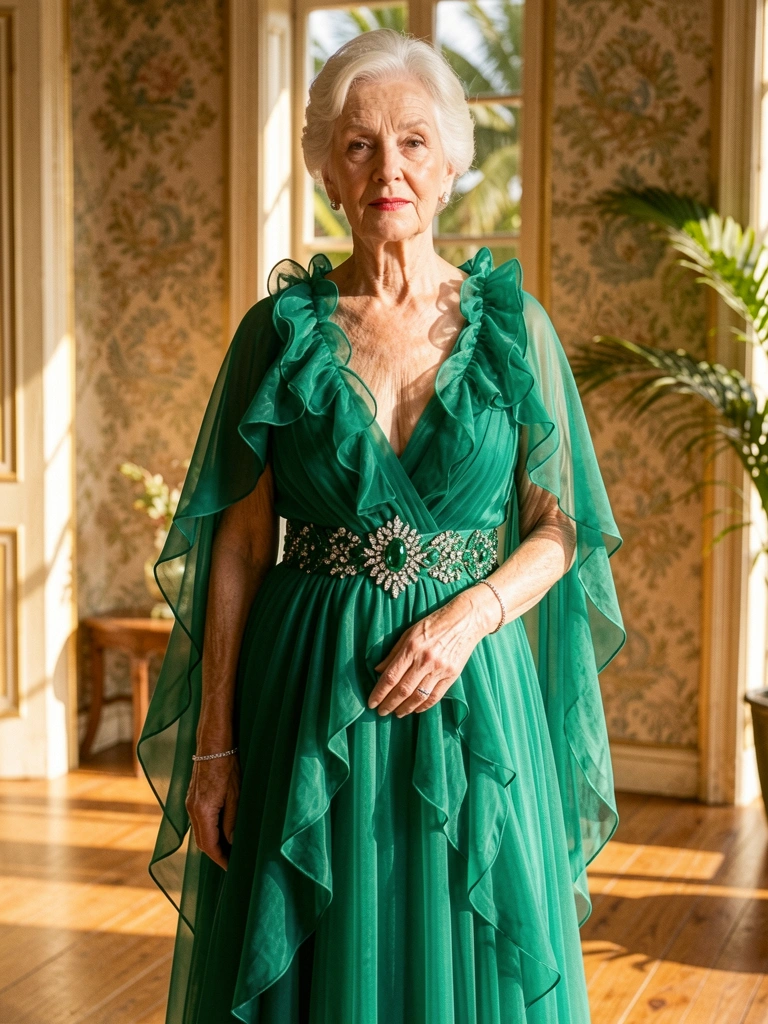Vestido verde-esmeralda com mangas cape e cinto bordado, broche de cristal e pulseira de prata, luz natural em sala com papel de parede e piso de madeira.
