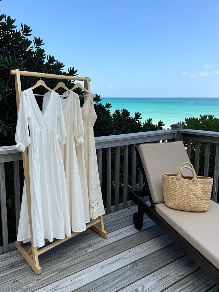 Vestidos de noiva em cabides, modelos leves e fluidos em tons de branco e marfim.