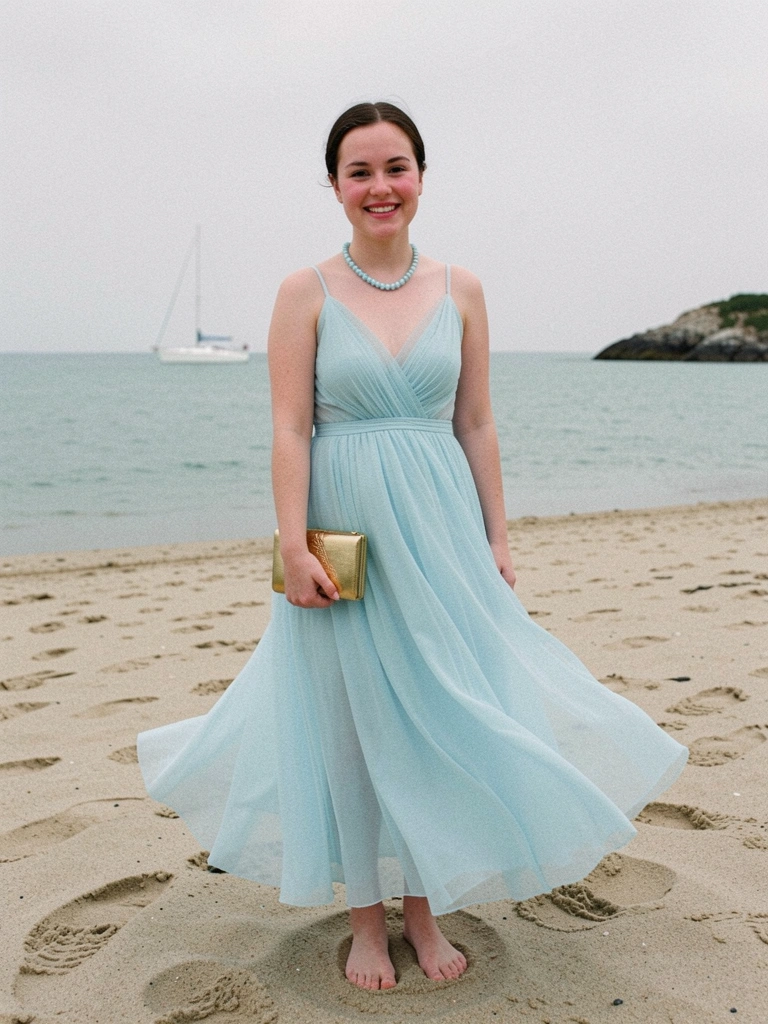 Noiva com vestido fluido de chiffon na areia da praia, cabelo ao vento.