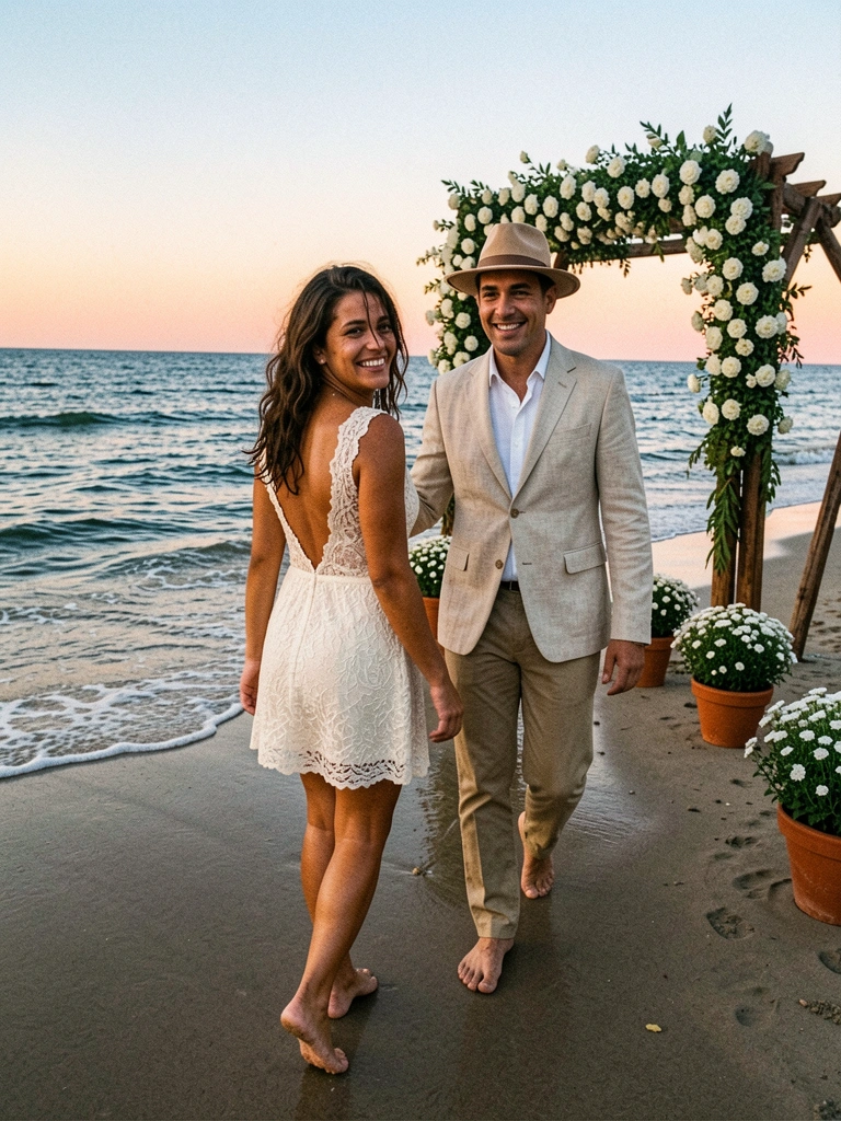 Noiva com vestido curto de renda caminha descalça na areia molhada, com ondas ao fundo.