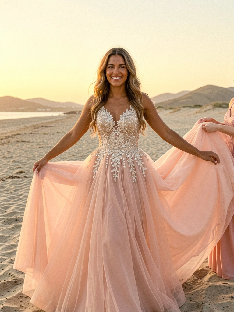 Noiva com vestido de cauda longa sendo segurado por dama de honra na praia.