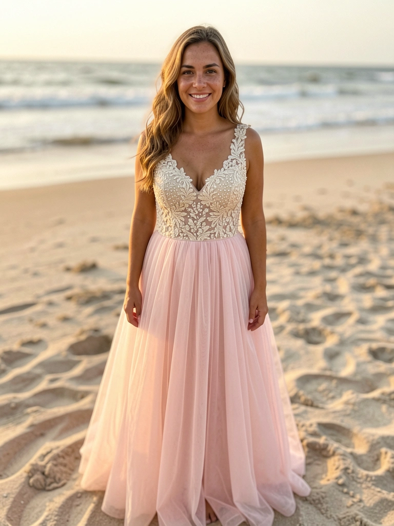 Detalhe de tecidos leves, chiffon e renda, com luz natural de praia ao fundo.
