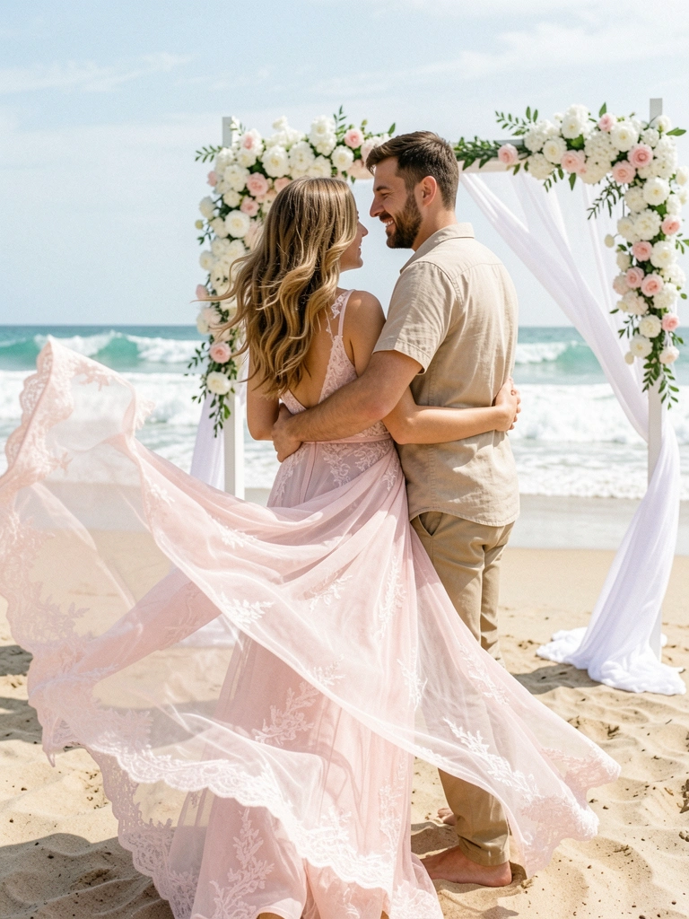 Tecido chiffon esvoaçante ao vento em uma praia, com luz natural suave.