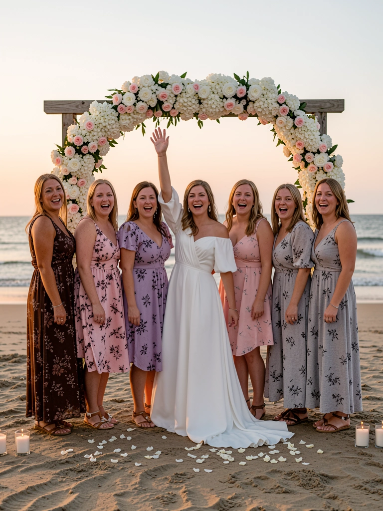 Vestido de noiva rosa pastel com estampa floral em pé na areia da praia ao entardecer.