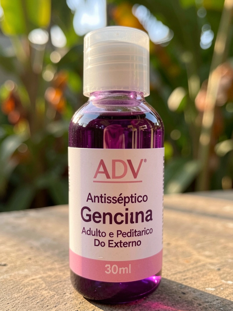 Frasco de vidro violeta do antisséptico Genciana ADV com tampa branca, rótulo rosa e luz natural suave, fundo desfocado com folhagens tropicais.