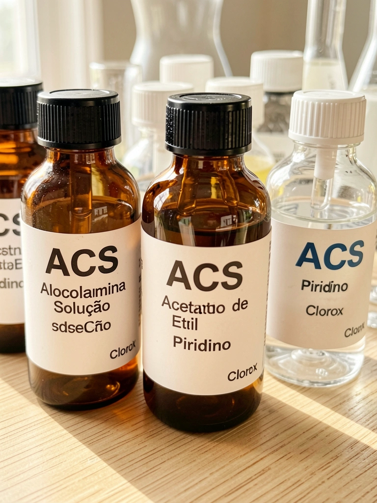 Frascos âmbar e brancos com líquidos transparentes e rótulos 