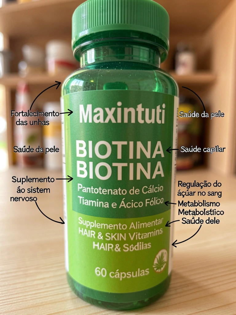 Frasco verde de Biotina com texto 